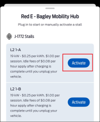 FordPass list view of public chargers. A red box surrounds the activate button.