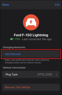 Apple Maps on iPhone user vehicle profile open with a red box around Add Network.