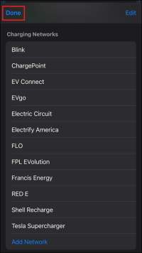 Apple Maps on iPhone Charge Networks List. A red box surrounds the Done button.