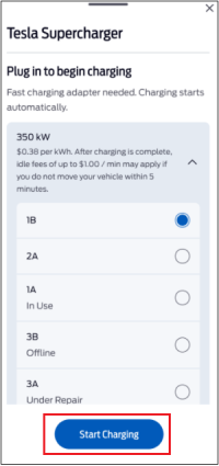 FordPass list view of public chargers. A red box surrounds the Start Charging button.