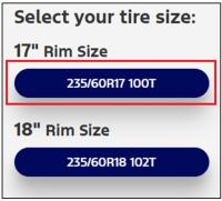 Select your tire size option with tire size emphasized in a red box.