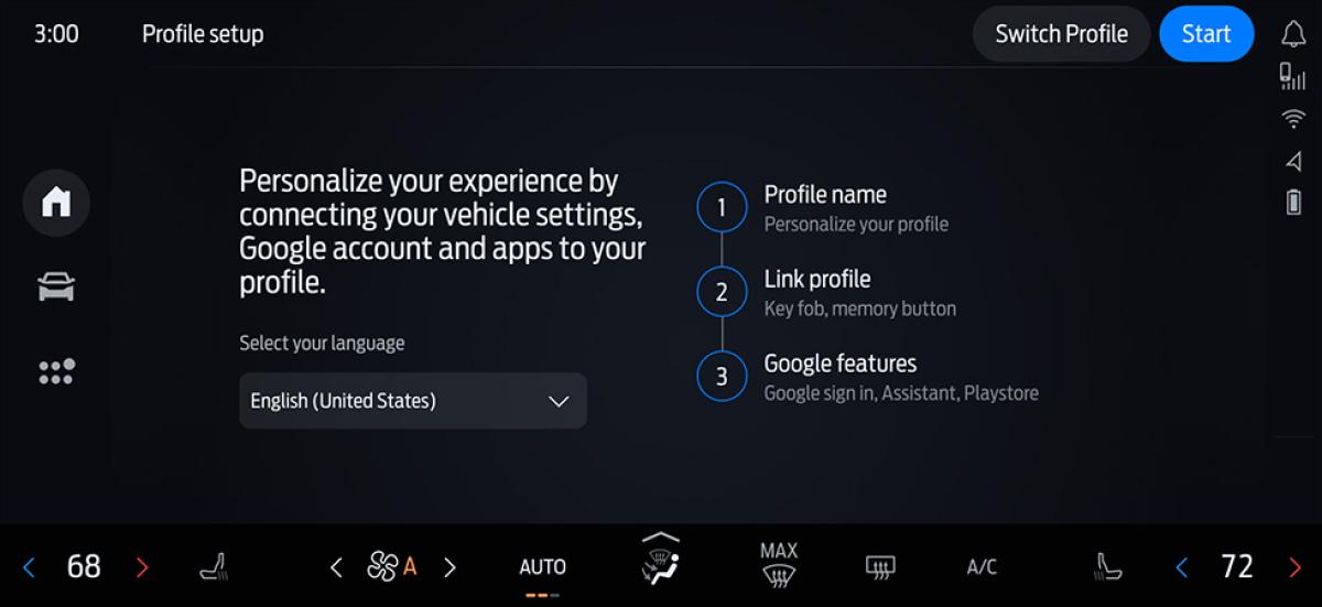 A vehicle interface screen shows the profile setup instructions for the Ford Digital Experience