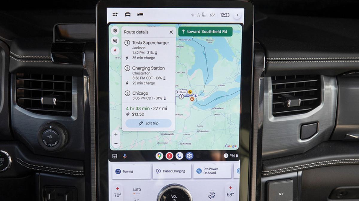 Route details to the nearest charge station appear in maps on the in-vehicle touchscreen.