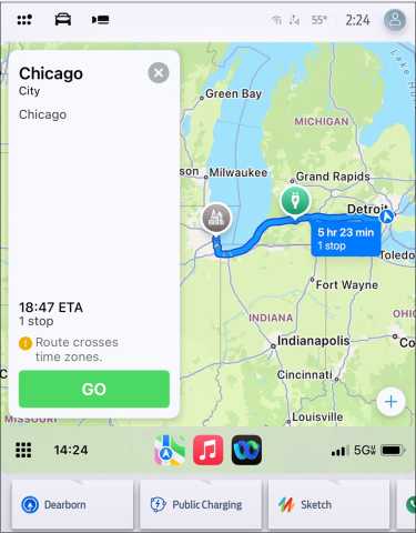 A trip overview for an all-electric Ford model on Apple Maps EV Routing for Apple CarPlay