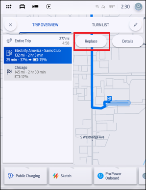 Connected Navigation charge stop with a red box around Replace.