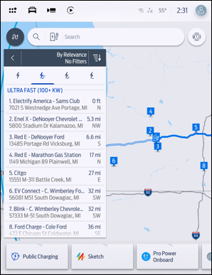 Connected Navigation list of nearby chargers