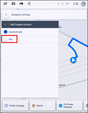 Add Chargers to Route Settings with a red box around Ask.
