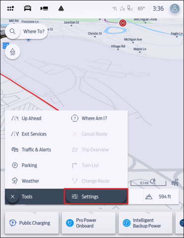Connected Navigation Tool menu with a red box around Settings.