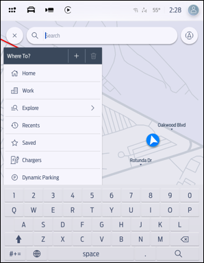 Connected Navigation screen with the keyboard open, ready to search for or select a saved destiantion.