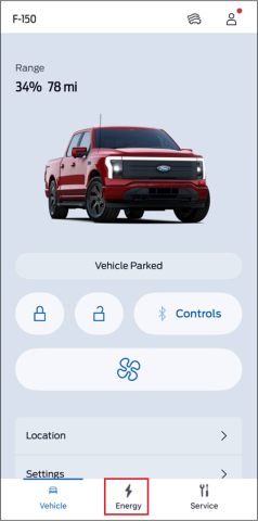 The FordPass App landing page with an F-150 Lightning above the remote controls. A red box surrounds the Energy icon.