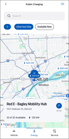 The FordPass App map searching for public charging.