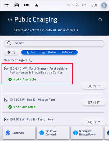 The Public Charging App with a red box surround a charge station name and options.
