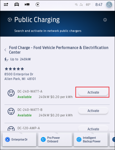 The Public Charging App with a expanded view of a public charger. A red box surrounds the Activate button next to a stall at the charger.