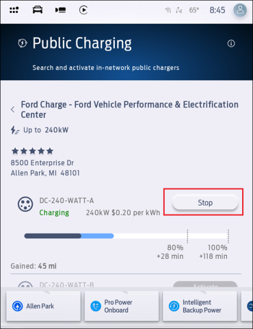 The Public Charging App. A red box surrounds the Stop button next to a public charger stall ID.