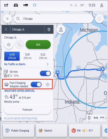SYNC Connected Navigation with the trip summary up and the Fast Charging Adapter toggle set to on.