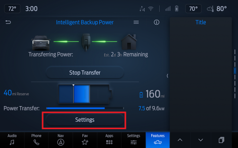 Intelligent Backup Power on SYNC 4. A red box surrounds the Settings button.
