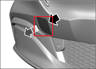 A 3D image of the 12 volt battery jump box cover on the bumper of the Mustang Mach-E.