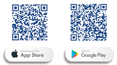 Two QR codes which can be used for downloading the Camper Control Mobile app. One for App Store and one for Google Play Store.
