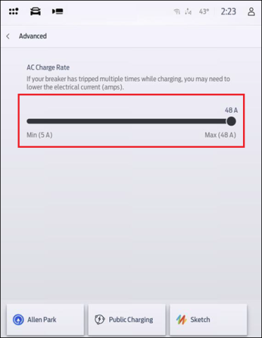 SYNC 4A AC Charge Rate Slider with a red box around it.