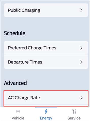 The FordPass Energy screen with a red box around AC Charge Rate.