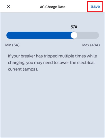 The FordPass AC Charge Rate screen with a red box around Save.