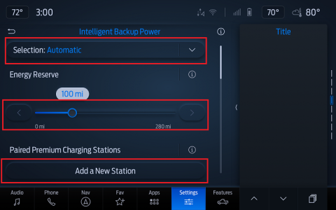 Home Backup Power Settings with red boxes surrounding the Operation Mode, Energy Reserve, and Add a New Station.