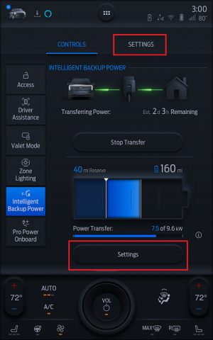 The Home Backup Power main screen with red boxes around Settings.