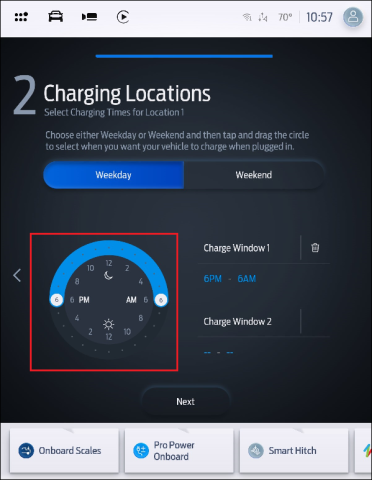 Charging Location on SYNC 4A with a red box surrounding the time slider