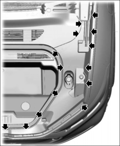 Black and white schematic of the Mustang Mach-E frunk with indicators of where to pull the driver-side cover