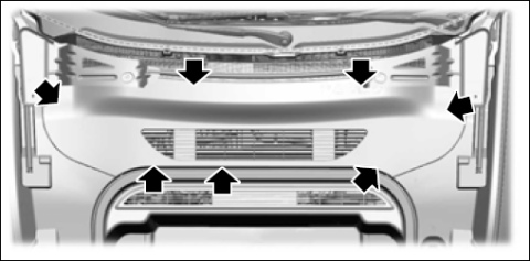 Black and White schematic of the front luggage compartment of the Mustang Mach-E with indicators of where to pull to remove the finishing covers