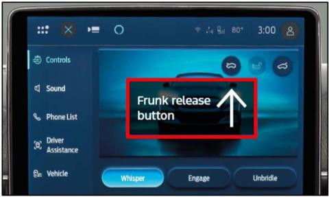 Mustang Mach-E Frunk release button on in-vehicle screen.