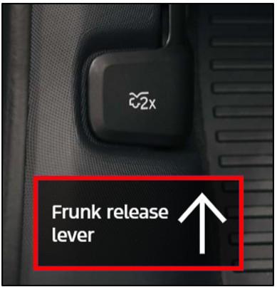 Mustang Mach-E Frunk release lever in footwell.