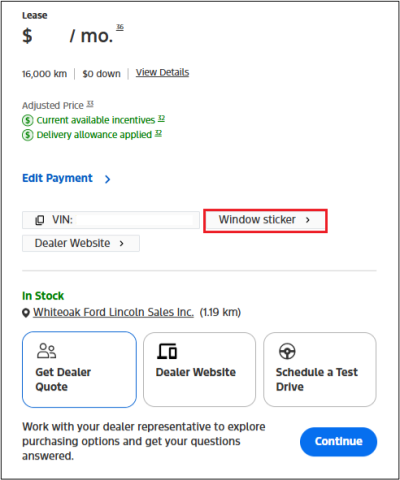 Sample vehicle information on Canadian Ford Showroom website with window sticker link emphasized in a red box.