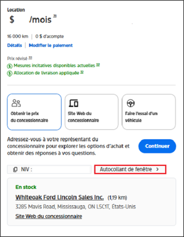 Exemple d'informations sur le véhicule sur le site Web canadien de la salle d'exposition Ford avec le lien vers l'autocollant de fenêtre mis en évidence dans un encadré rouge.