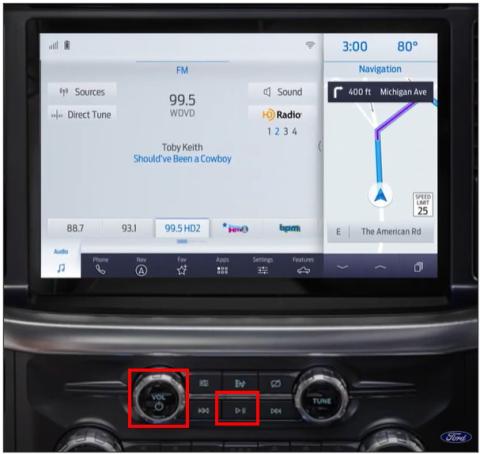 SYNC 4 screen and radio with Vol and Seek-Right button emphasized in red boxes.