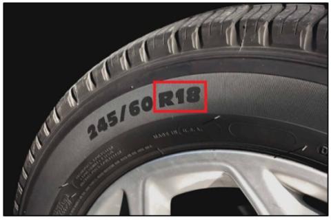 Tire sidewall with wheel radius (rim size) emphasized in a red box.