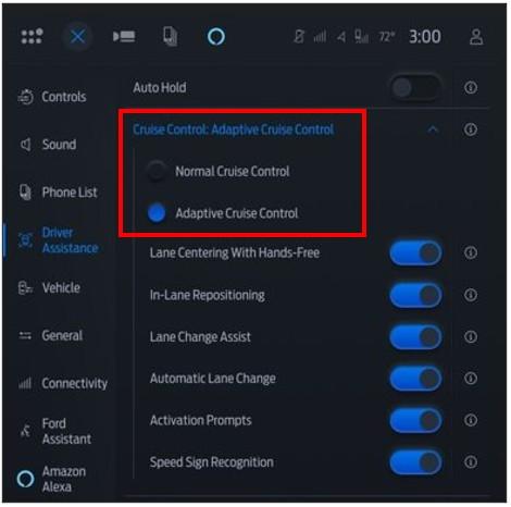 SYNC screen with Cruise Control: Adaptive Cruise Control section, showing the options of Normal Cruise Control and Adaptive Cruise Control, emphasized in a red box.